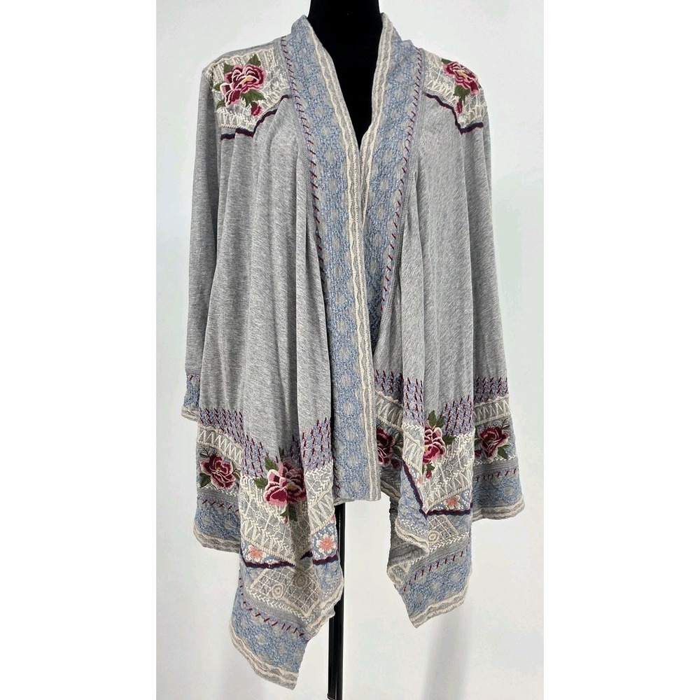Johnny Was JW Los Angeles Womens Embroidered Cardigan Medium Gray Boho Rose NWT